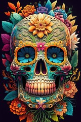 Mexican roses skull. Mexican roses skull. Vector illustration. Dia de los muertos shugar colorful head Generative Ai