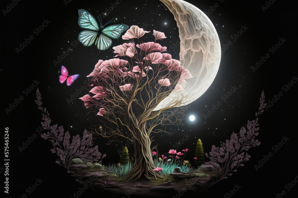 Canvas Prints Speculative magic fungi from a fairy tale Fantasy elf woods with a pink rose and a butterfly blooming against a black background, illuminated by the stars and the moonlight. Generative AI