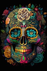 Naklejka premium Mexican roses skull. Mexican roses skull. Vector illustration. Generative AI