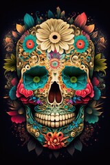 Mexican roses skull. Mexican roses skull. Vector illustration. Dia de los muertos shugar colorful head