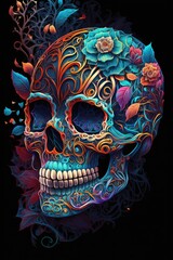 Mexican roses skull. Mexican roses skull. Vector illustration. Dia de los muertos shugar colorful head