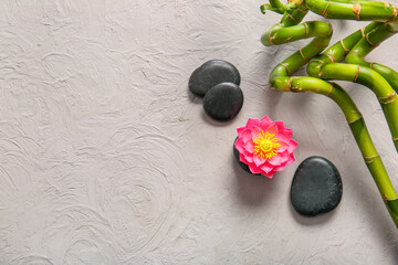 Obraz na płótnie Canvas Spa stones, flower and bamboo on light background