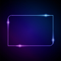 Neon Frame with Glow, and Sparkles. Electronic Luminous Rectangle Frame in Blue Colors, for Entertainment Message or Promotion Theme on Dark Background