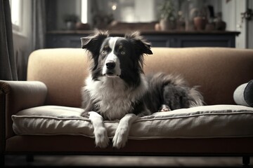 Plakat Full length adorable dog lying on the sofa at home. Generative AI 