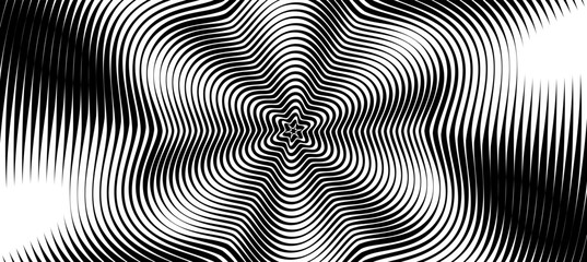 Deep Black Abstract Background with a Wavy Moire Effect. Distorted Pattern. Contrast Geometric Trance Pattern, Optical Backdrop.