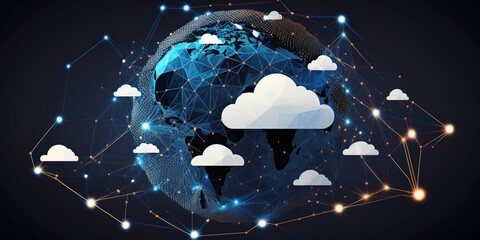 Global Data Transfer Cloud Computing Technology Concept. Cloud Icons With Connections on Abstract Polygon World Map With Dark Blue Background.