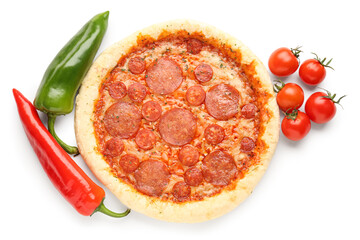 Delicious pepperoni pizza, tomatoes and jalapeno peppers isolated on white background