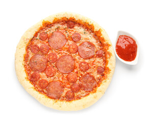 Delicious pepperoni pizza and sauce isolated on white background