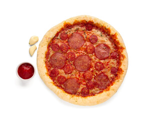 Delicious pepperoni pizza, garlic cloves and sauce isolated on white background