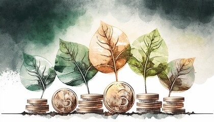 Watercolor Style Leaves on Stacks of Coins. Concept of Global Green Business Growth, Profit, Development, and Success. Recycling, Renewable Energy, Environmentalism. 