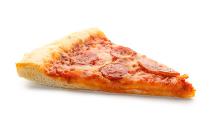 Slice of delicious pepperoni pizza isolated on white background