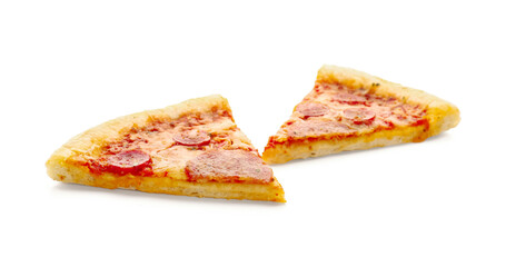 Slices of delicious pepperoni pizza isolated on white background