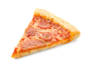 Slice of delicious pepperoni pizza isolated on white background