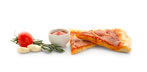 Slices of delicious pepperoni pizza and ingredients isolated on white background