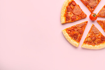 Slices of delicious pepperoni pizza and cherry tomato on pink background