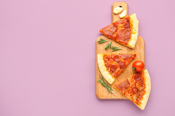 Board with slices of delicious pepperoni pizza, tomato and rosemary on lilac background