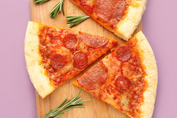 Board with slices of delicious pepperoni pizza and rosemary on lilac background