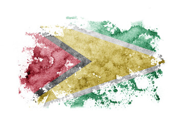 Guyana flag background painted on white paper with watercolor.