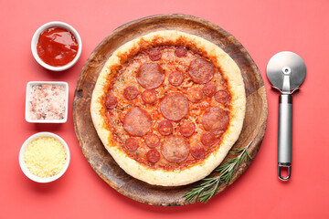 Board with delicious pepperoni pizza and cutter on red background