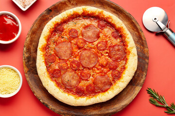 Board with delicious pepperoni pizza and cutter on red background