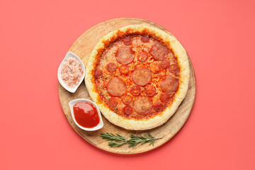 Board with delicious pepperoni pizza on red background
