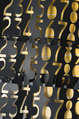 black paper stencil with number cutouts on yellow paper pad sheet with paint-chip pattern and...