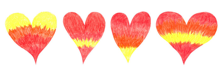 Illustration of four colorful romantic hearts hand drawn with colored pencils on white background
