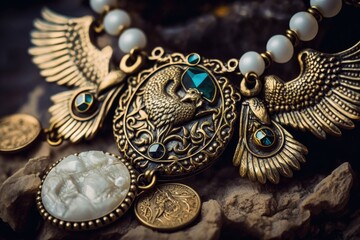 See the necklace's golden eagle, coins, and glimmering stones up close. Macro photograph of fashion jewelry, taken by itself. Generative AI