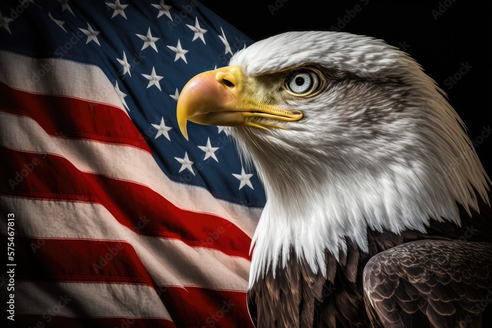 Poster The iconic Bald Eagle, a representation of the United States, flies alongside the American flag. American flags and other displays of patriotism. Generative AI