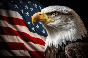 Naklejka premium The iconic Bald Eagle, a representation of the United States, flies alongside the American flag. American flags and other displays of patriotism. Generative AI