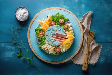 Vegetable and tuna salad served on a blue wooden platter. Impressive perspective. Generative AI