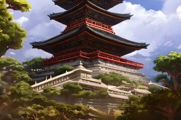 Naklejka premium Serene Anime-Style Temple Generated By AI