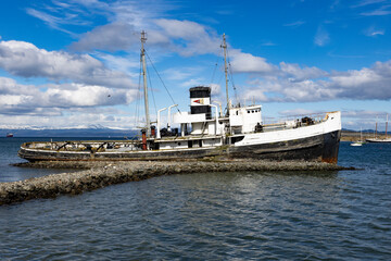Famous Shipwreck Saint Christopher at the port of Ushuaia, Tierra del Fuego in Argentina, South America