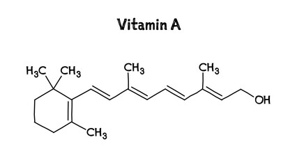 Vitamin A molecular structure. Vitamin A is important for human vision. .Vector structural formula of chemical compound. Black pen Hand-drawn style.