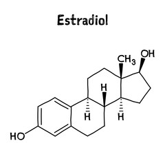 Estradiol molecular structure. Estradiol is an estrogen steroid hormone and the major female sex hormone. .Vector structural formula of chemical compound. Black pen Hand-drawn style.