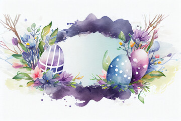 Happy Easter Eggs Background, watercolor, spring flowers, colorful, Easter Background, beautiful, minimalist, decoration elements, copy space. Generative AI