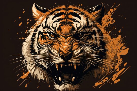 Angry as a tiger. artwork depicting the head of a tiger. Generative AI