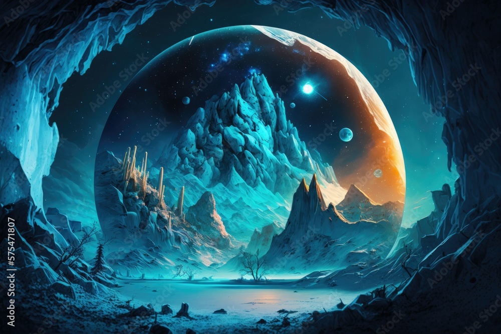 Poster a sci fi setting on an icy planet. generative ai