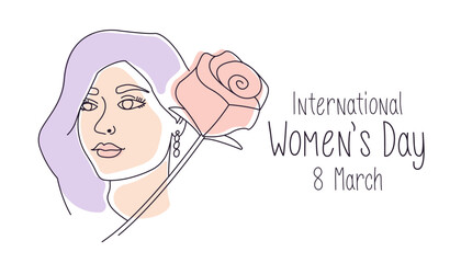 International women's day vector doodle illustration banner. Graphic illustration with woman's face drawing with a rose and text