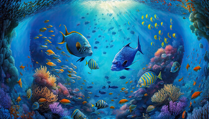 Fototapeta na wymiar An underwater world teeming with colorful schools of fish, vibrant coral reefs, and hidden treasures waiting to be discovered, fish, coral, underwater, sea, reef, tropical, ocean, water, diving,