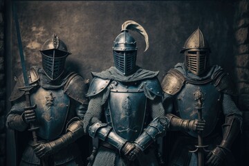 Knights in armor with a metal swords backdrop. Very close. The idea behind knights. Generative AI