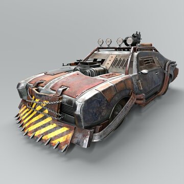 3D-illustration of a post apocalyptic car to fight zombies with weapons