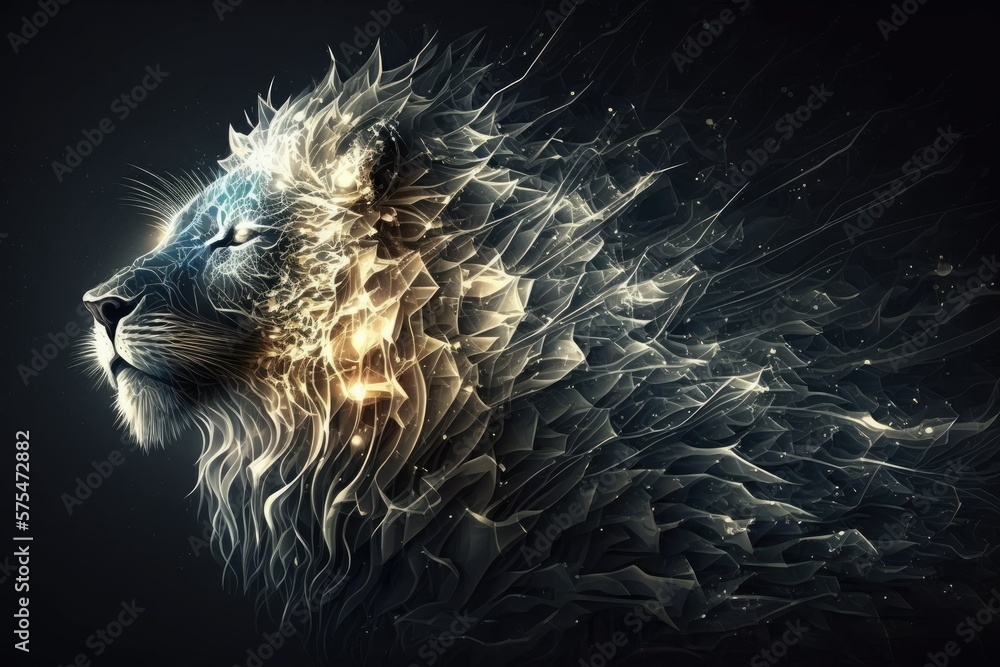 Poster on a gray background, the particles of a lion's roar form the image. animated abstract backdrop. gen