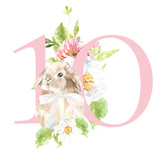 Watercolor Easter numbers, digit 10. Cute baby bunny spring illustration, floral composition with peony, rose, spring greenery. Botanical table numbers, wedding stationery card, save the date, rsvp,
