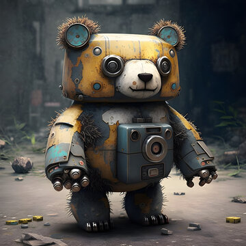 Cute robot bear with stubby fingers, in a broken down urban environment.  Gadget on chest, lovable appearance, fuzzy ears, orange color, metallic.  Generative AI.