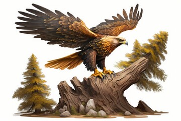 A golden eagle is swooping down to land. Incredible golden eagle swooping in for a landing on a tree stump. Generative AI