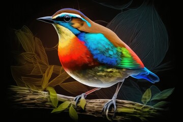 The Blue winged Pitta (Pitta moluccensis) is a vibrant and beautiful bird that was captured in Thailand. Generative AI