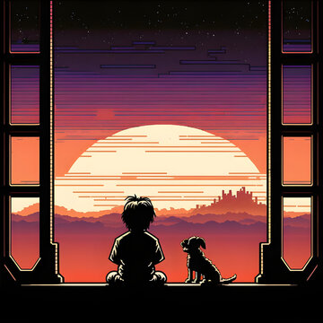 Boy and his dog staring at a retro night sky.  Pixel art style, 8bit nintendo, apple IIe style,  Simple color palette.  Sunset.  Generative AI.