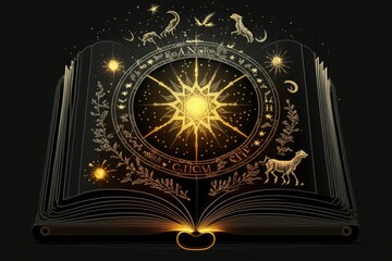 Raise a luminous astrology book depicting the zodiac constellations. illustration. Generative AI