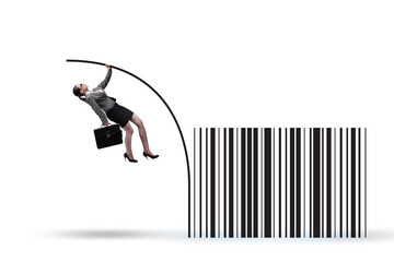 Businesswoman jumping over bar code in pole vaulting